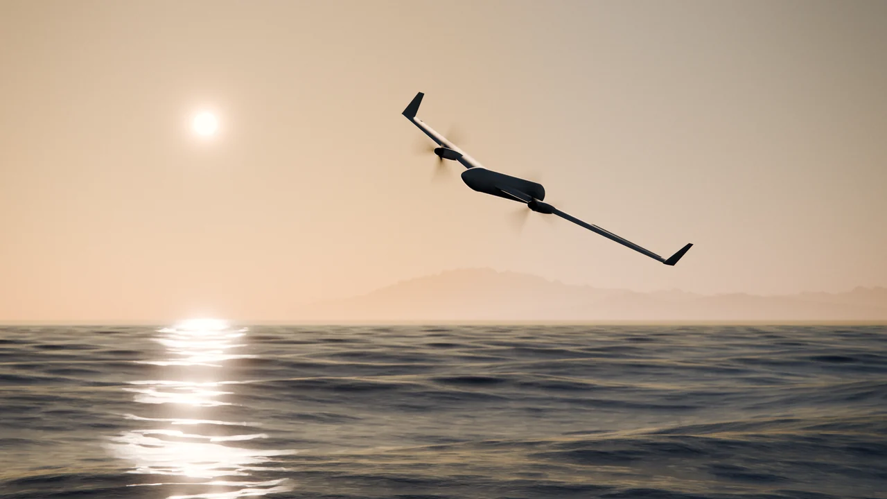 Concept rendering of Tempest banking low over the ocean in golden-hour light
